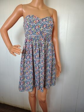 Forever 21 White Multicolor Floral Smocked Strapless Dress Size S.